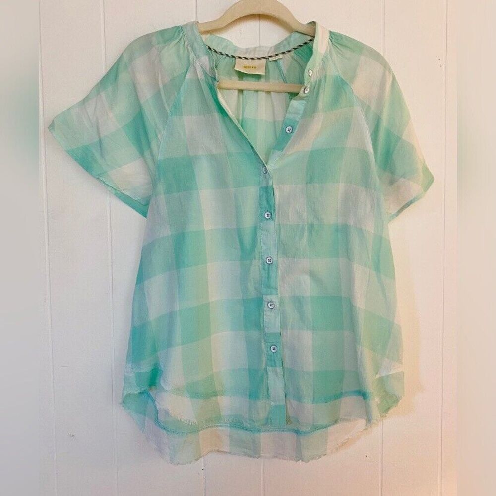 Maeve Blouse Women’s Medium Mint Green Plaid Cotton Rough Hem Wing Sleeves